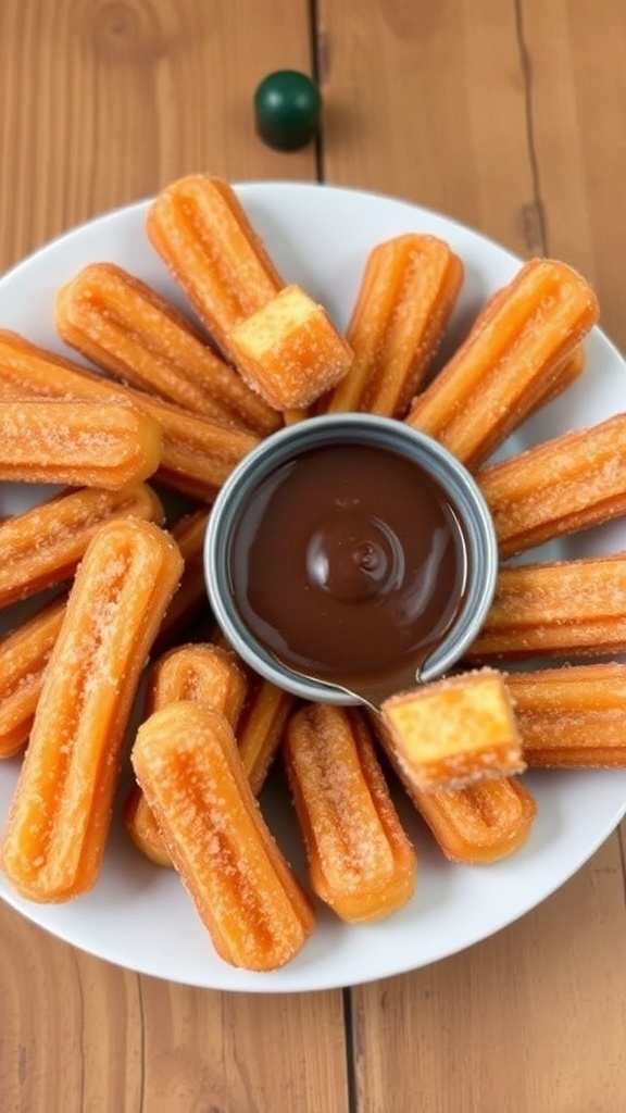Crispy Mini Churros Recipe Crispy mini churros with cinnamon sugar and chocolate dip on a rustic table.