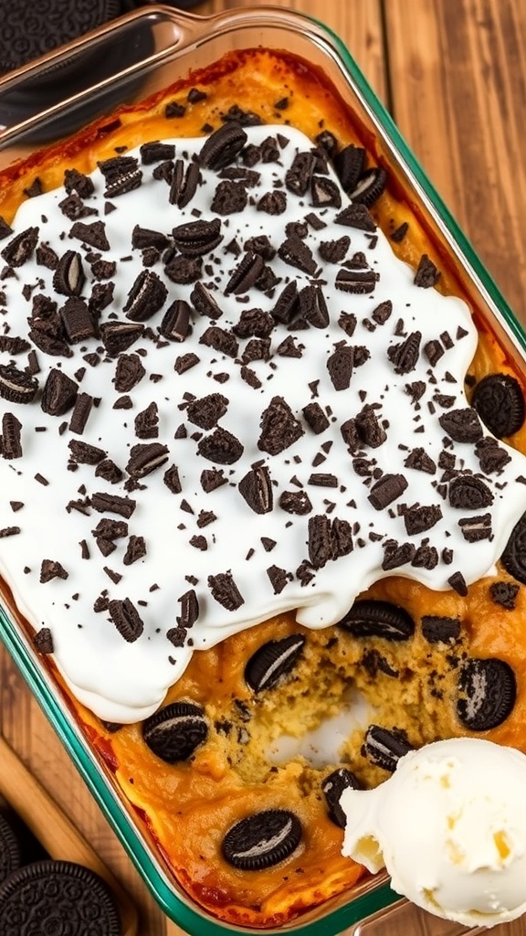 Oreo dump cake topped with Cool Whip and crushed Oreos, served with ice cream on a rustic table.