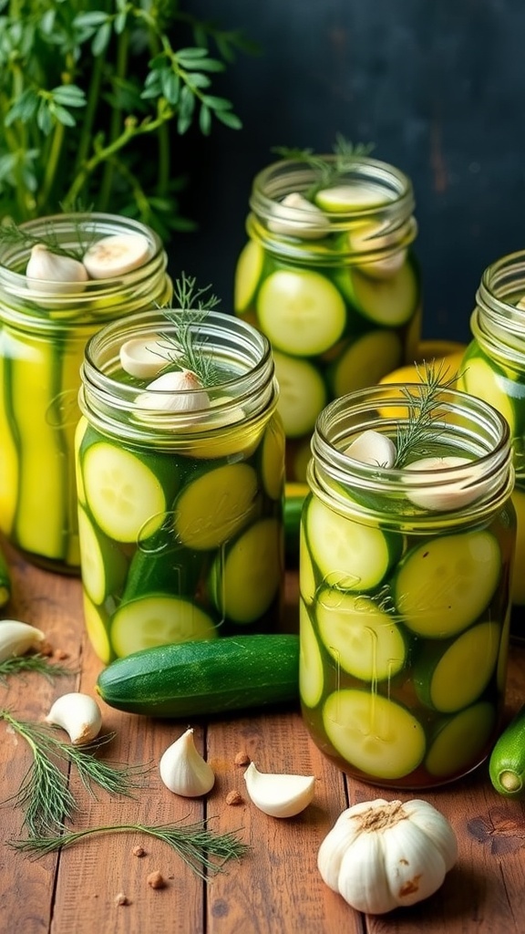 Two jars of quick refrigerator pickles with cucumber slices, garlic, and dill on a wooden table.