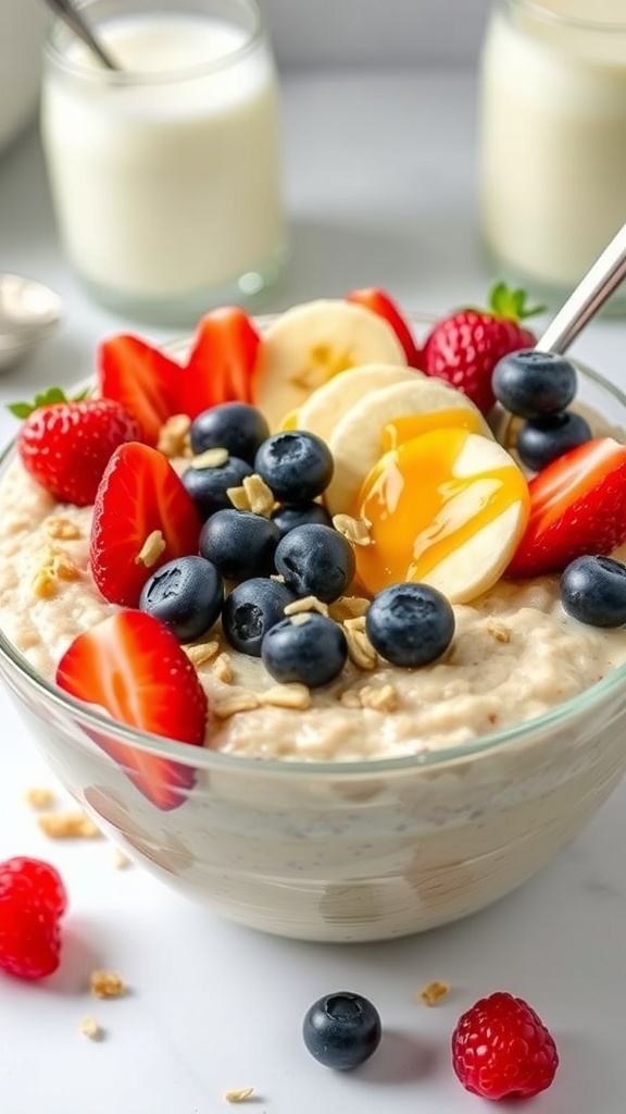 Nutritious Overnight Oats Recipe A bowl of overnight oats topped with fruits and nuts, set in a bright kitchen.