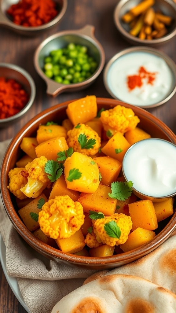 A bowl of spicy Aloo Gobi with potatoes and cauliflower, garnished with cilantro, served with naan and yogurt.