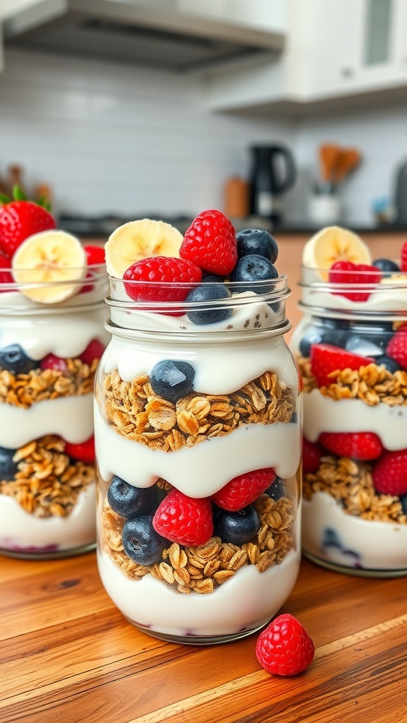 Colorful breakfast jars with yogurt, granola, and berries on a wooden table.
