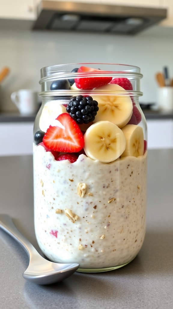 Quick 5-Minute Overnight Oats Recipe A jar of overnight oats with berries and nuts on a kitchen counter.