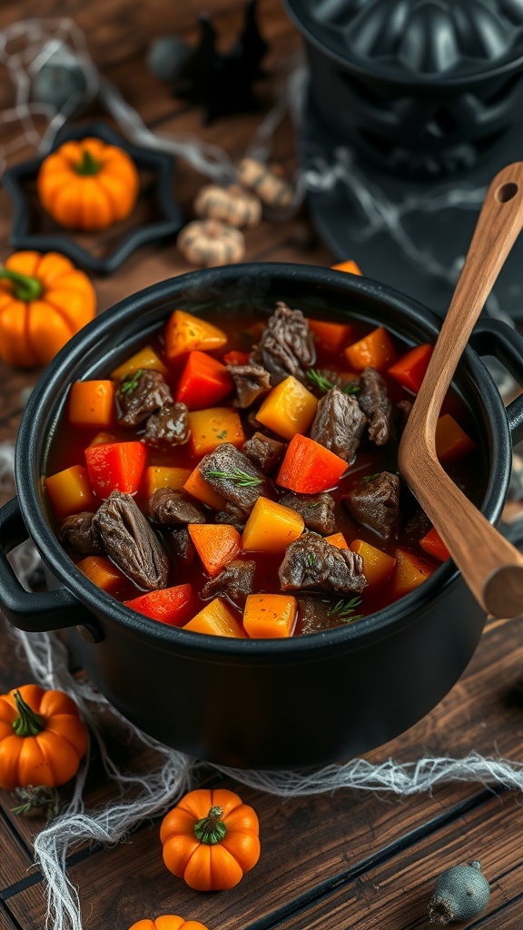 A cauldron filled with Halloween beef stew, featuring beef, carrots, and potatoes, on a rustic table with Halloween decorations.