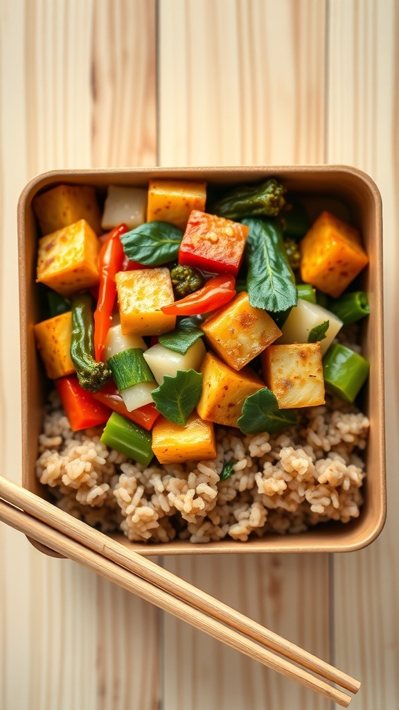 A bowl of tofu stir-fry with brown rice, featuring colorful vegetables.