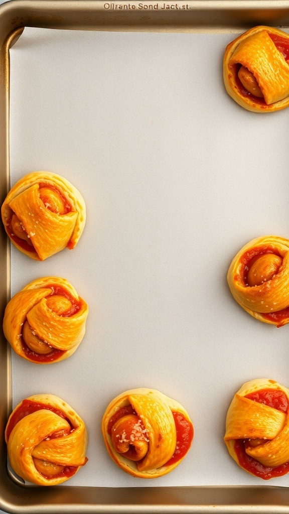 A tray of homemade pizza rolls, golden and flaky, ready to be baked.