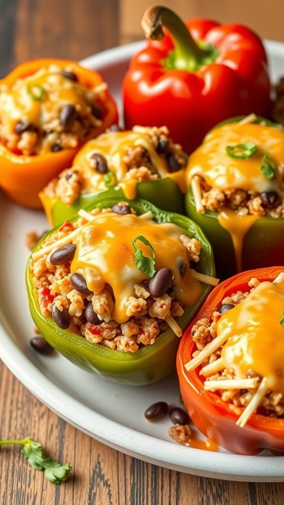 Stuffed bell peppers filled with rice and beans, topped with cheese and herbs.