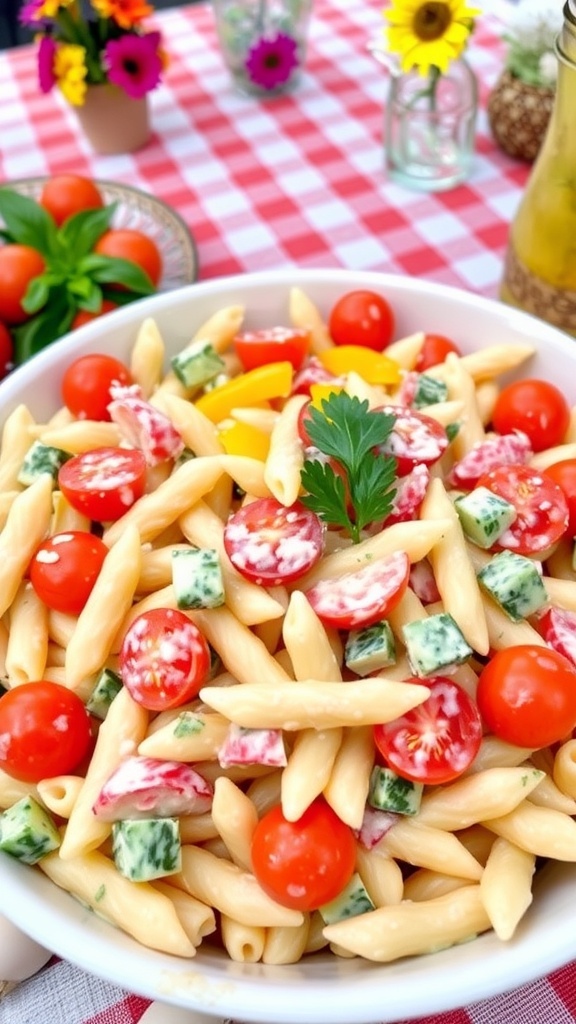 A colorful creamy pasta salad with veggies in a bowl, ready for a summer party.