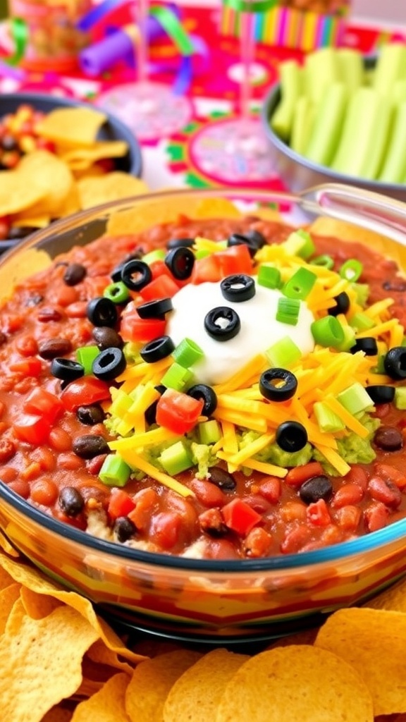 A colorful 7 layer dip with layers of beans, guacamole, sour cream, salsa, cheese, olives, and green onions, served with tortilla chips.