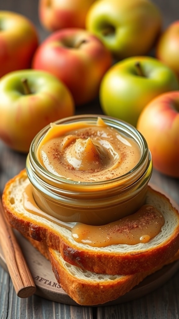Homemade Spiced Apple Butter Recipe A jar of homemade spiced apple butter on toast with apples in the background.