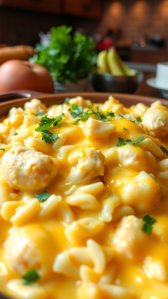 Cheddar Chicken and Rice Bake Cheddar Chicken and Rice Bake with chicken, rice, and melted cheese in a baking dish, garnished with parsley.