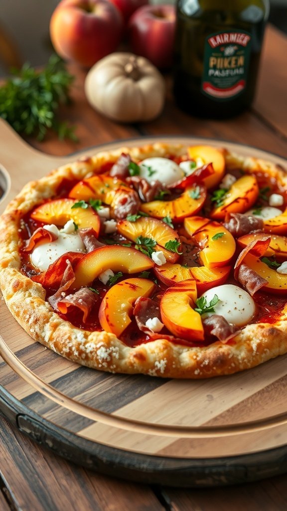 Gourmet peach pizza with prosciutto and cheese, featuring fresh peaches and herbs on a wooden board.