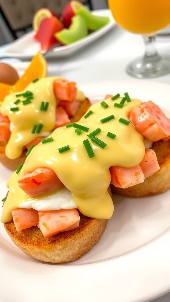 Bay Lobster Eggs Benedict with poached eggs, lobster meat, and hollandaise sauce on toasted English muffins, garnished with chives.