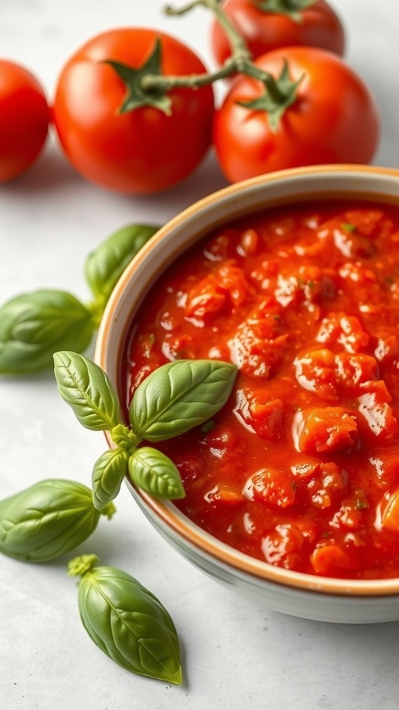 A bowl of rich tomato basil marinara sauce surrounded by fresh tomatoes and basil leaves.