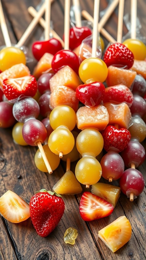 Colorful tanghulu skewers with strawberries and grapes coated in hard sugar syrup on a wooden table.
