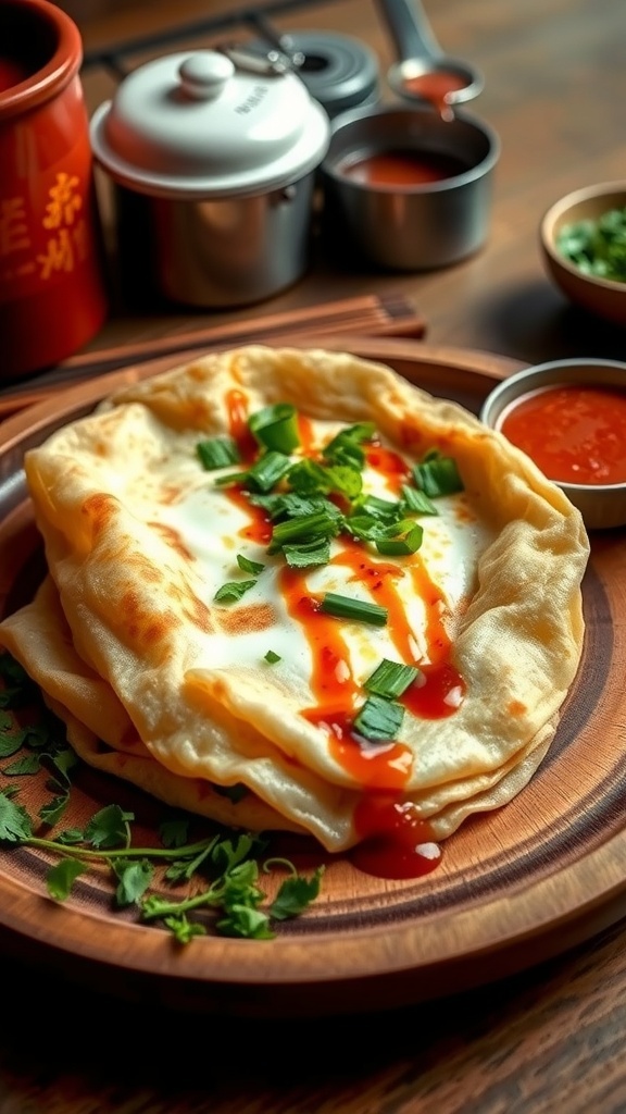 A delicious Jianbing crepe filled with eggs and scallions, served with sauces on a wooden plate.