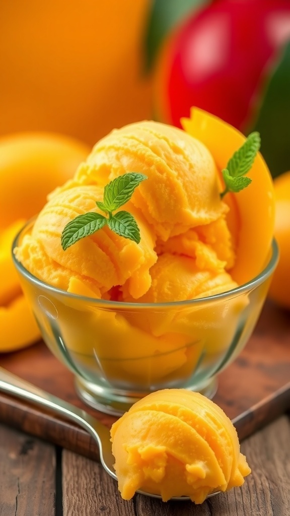 A bowl of creamy mango ice cream garnished with mango slices and mint on a wooden table.
