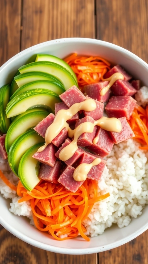 A colorful Ahi Tuna Poke Bowl with fresh tuna, avocado, cucumber, and spicy mayo on sushi rice.