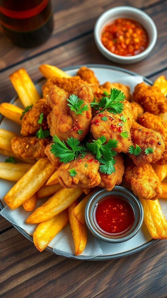 A plate of crispy chicken and chips garnished with parsley and chili flakes, served with dipping sauce.