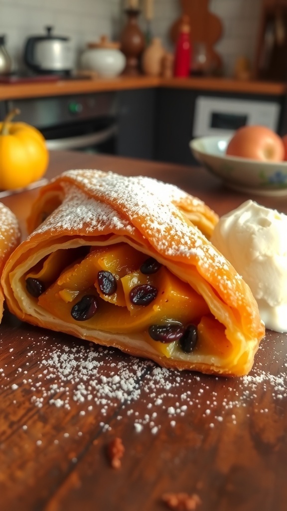 Classic Ribbon Apple Strudel Recipe A golden apple strudel dusted with powdered sugar, revealing apple filling, served with a scoop of vanilla ice cream.