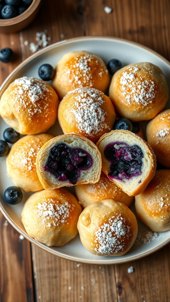 Golden brown blueberry pie bombs on a plate, some cut open to show the blueberry filling, garnished with powdered sugar and fresh blueberries.