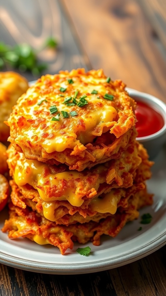 Crispy Cheesy Hash Browns Recipe Crispy cheesy hash browns on a plate, garnished with herbs, served with ketchup.