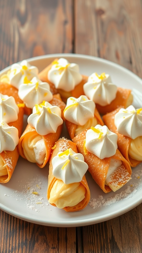 Lemon Meringue Pie Cannoli with crispy shells, lemon filling, and toasted meringue on a rustic plate.
