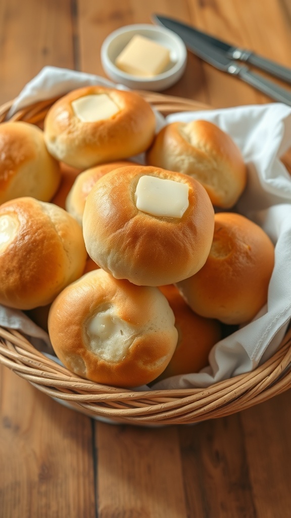 Fluffy Homemade Dinner Rolls Recipe A basket of golden brown fluffy dinner rolls with melted butter, served on a wooden table.