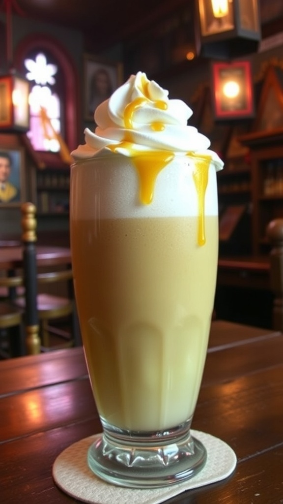 A glass of Butterbeer topped with whipped cream and butterscotch syrup, set in a cozy, magical atmosphere.