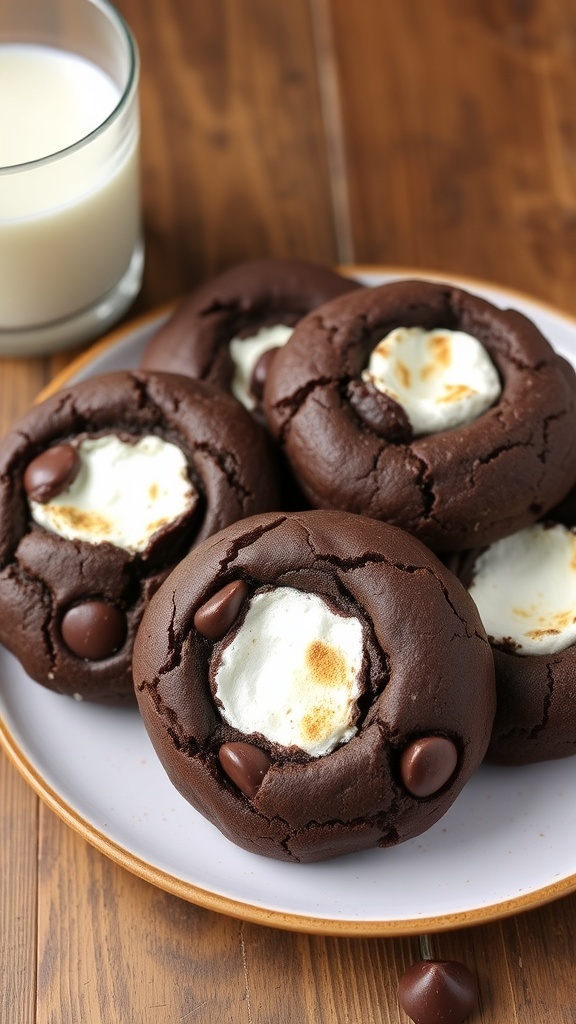 Double Chocolate Marshmallow Cookies Recipe A plate of double chocolate marshmallow cookies with melted chocolate chips and marshmallows, served with a glass of milk.