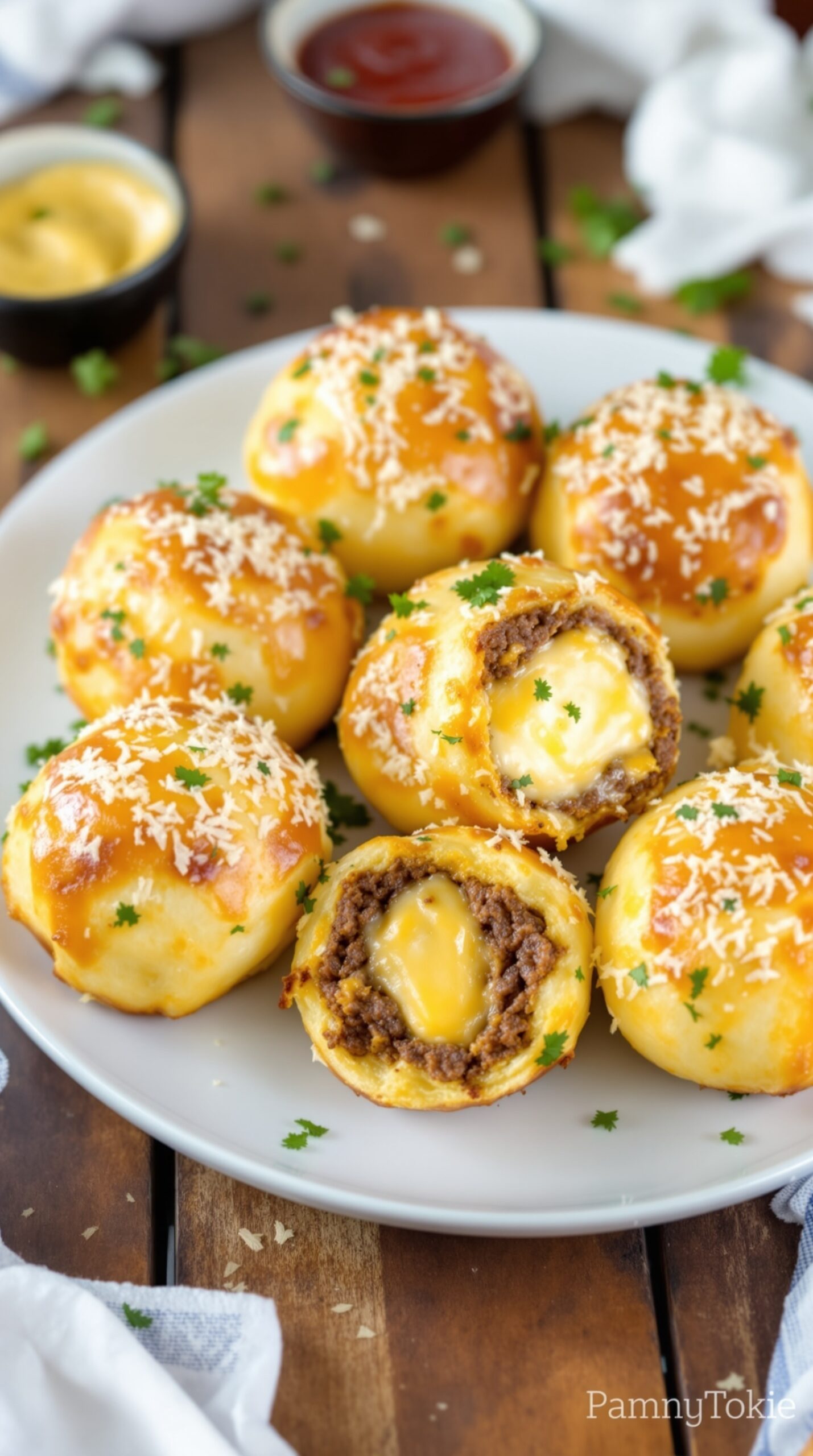 Golden Garlic Parmesan Cheeseburger Bombs on a plate with dipping sauces.