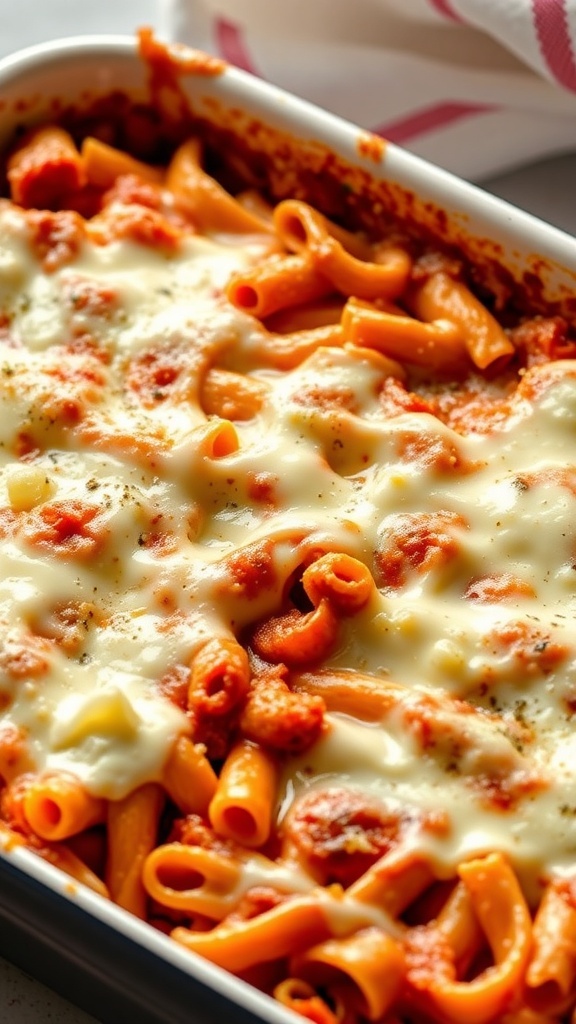 A close-up of baked ziti topped with melted mozzarella cheese.