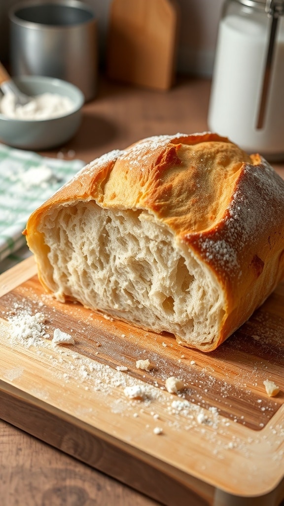A golden-brown artisan bread loaf sliced to show its airy interior, on a wooden board with flour and crumbs.