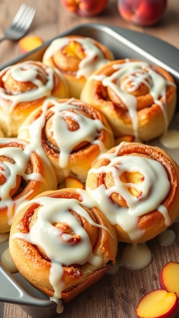 Southern Peach Cobbler Cinnamon Rolls Recipe Freshly baked peach cobbler cinnamon rolls drizzled with glaze, served on a rustic table with peaches.