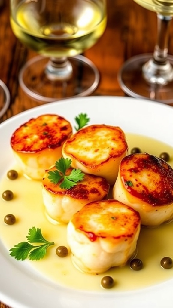 Pan-Seared Scallops with Lemon Caper Sauce Recipe Pan-seared scallops with lemon caper sauce garnished with parsley on a white plate, accompanied by a glass of white wine.