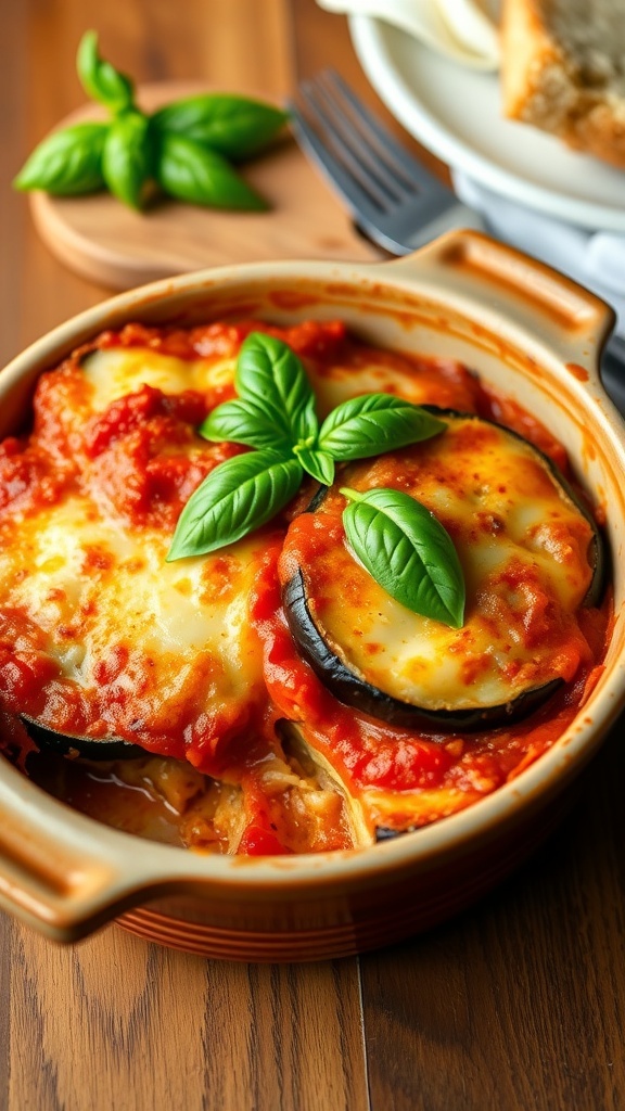 Baked eggplant parmesan casserole with layers of eggplant, marinara sauce, and melted cheese, garnished with basil.