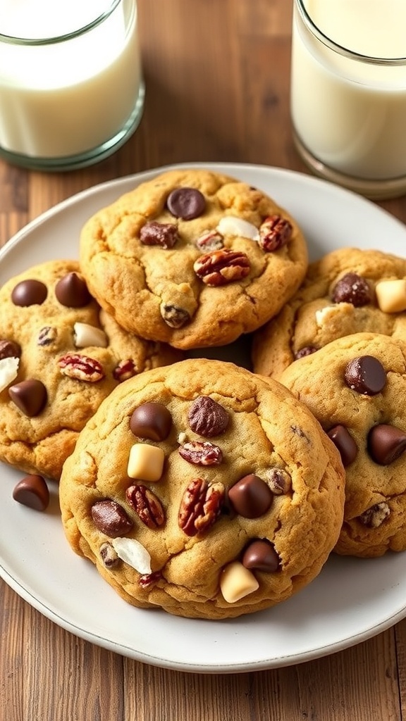 Classic Cowboy Cookies Recipe A plate of chewy cowboy cookies with chocolate chips and pecans on a rustic table.