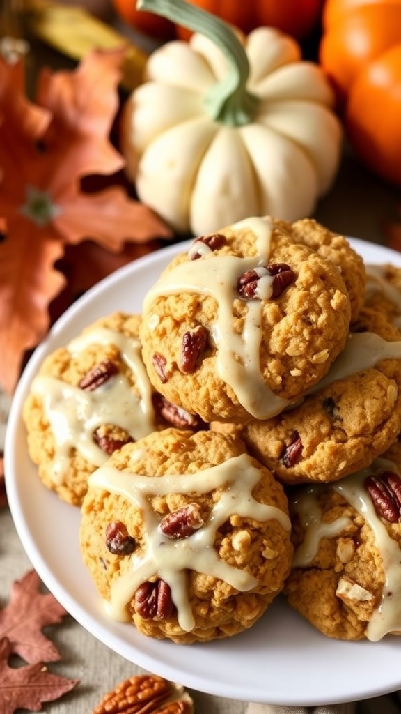 Iced Pumpkin Pecan Oatmeal Cookies Recipe Iced pumpkin pecan oatmeal cookies on a plate, decorated with a light glaze, surrounded by autumn leaves and pumpkins.