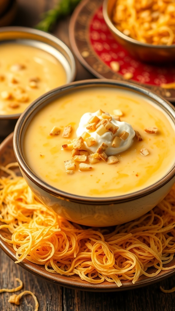 A delicious bowl of sev khurma with cream and nuts, showcasing a creamy dessert with crispy sev.