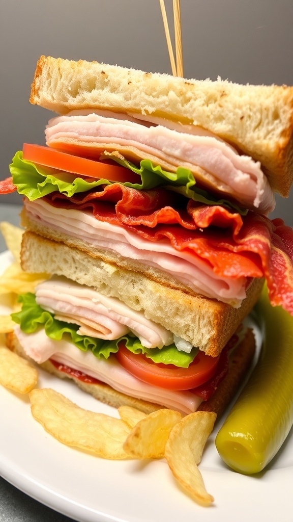 Classic Club Sandwich Recipe A classic club sandwich with turkey, bacon, lettuce, and tomato, served with chips on a plate.