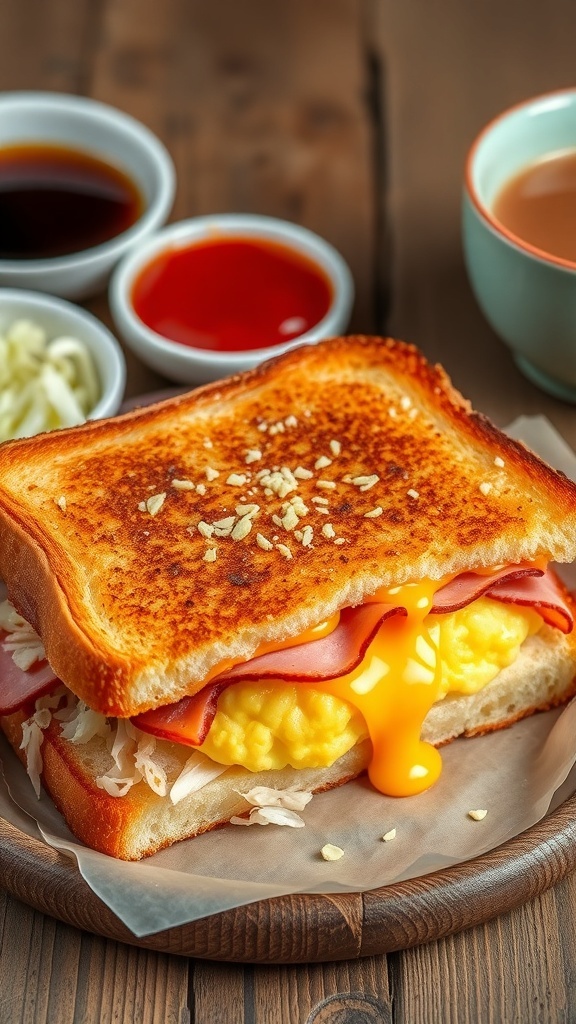 Authentic Korean Street Toast Recipe Korean street toast sandwich with eggs, ham, and cabbage on a wooden table with ketchup.