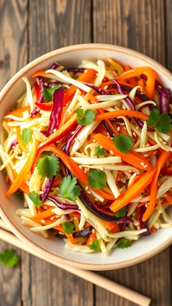 Crunchy Asian Slaw with Sesame Dressing A colorful bowl of Asian slaw with cabbage, carrots, and bell peppers in sesame dressing, garnished with sesame seeds and cilantro.