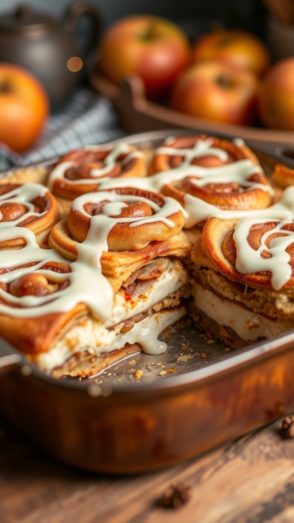Cinnamon Roll Apple Lasagna Recipe Cinnamon Roll Apple Lasagna with layers of cinnamon rolls and spiced apples, drizzled with icing, in a rustic baking dish.