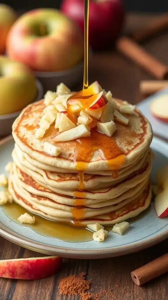 Fluffy apple cinnamon pancakes topped with grated apples and maple syrup on a rustic plate.