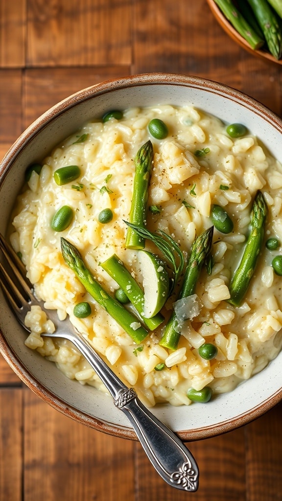 Creamy Asparagus Risotto Recipe Creamy asparagus risotto with fresh herbs and parmesan cheese in a rustic bowl.