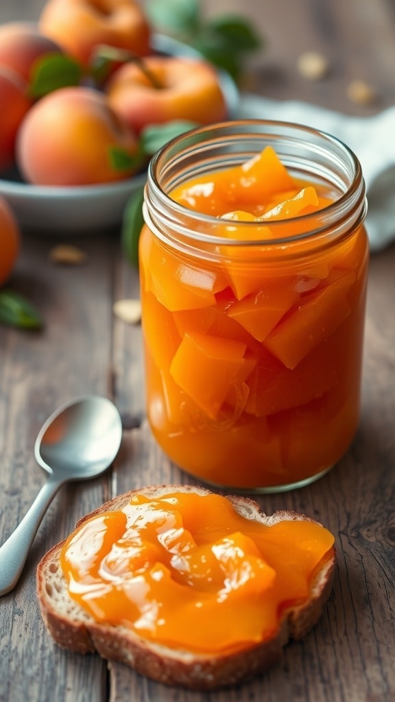 Easy Homemade Apricot Jam Recipe A jar of apricot jam with a spoon, fresh apricots, and toast on a rustic table.