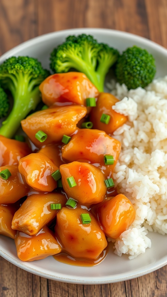 Savory Apricot Chicken Recipe Savory apricot chicken served with rice and vegetables on a rustic wooden table.