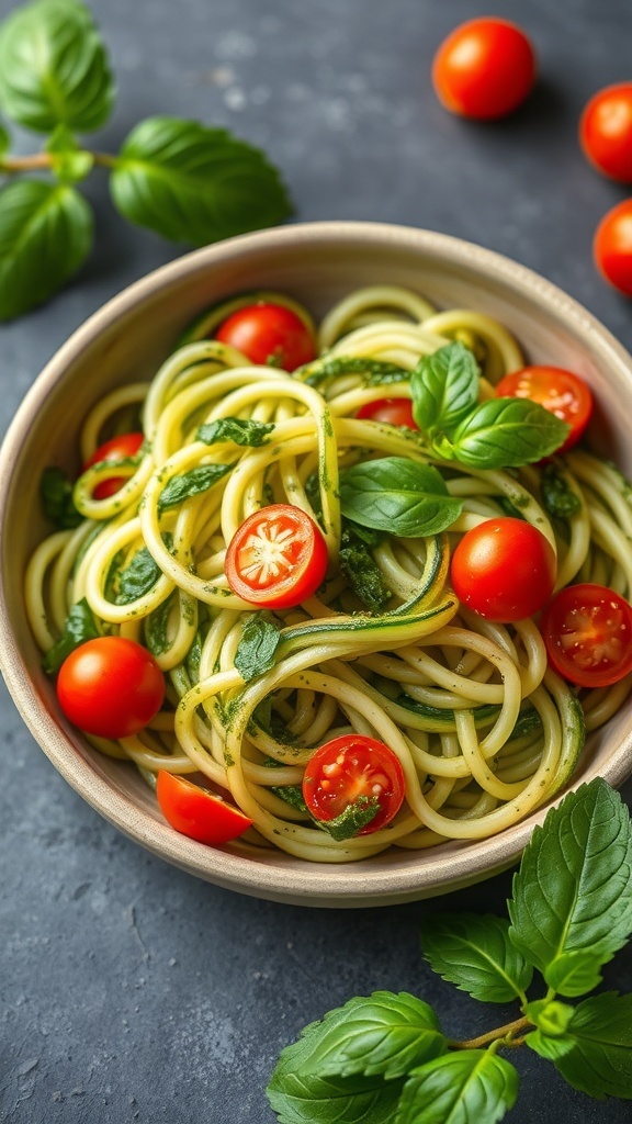 A bowl of zucchini noodles with pesto, topped with cherry tomatoes and fresh basil.