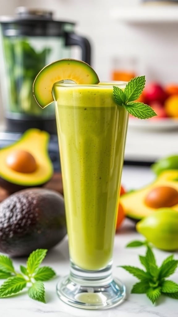 Creamy Avocado Smoothie Recipe A tall glass of creamy avocado smoothie garnished with avocado slice and mint, set in a bright kitchen.