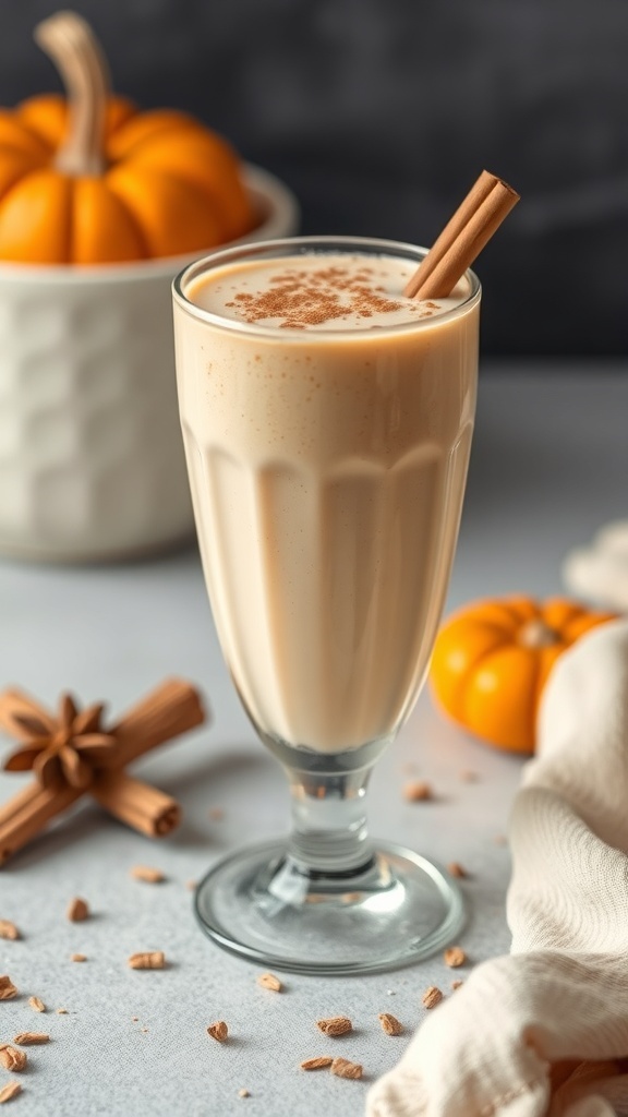 A glass of pumpkin spice smoothie topped with cinnamon, surrounded by small pumpkins and cinnamon sticks.